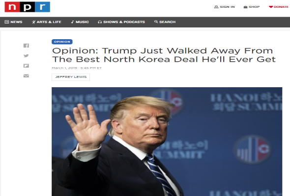 NPR, 트럼프 대통령 북한과의 최상 협상 결렬시켜